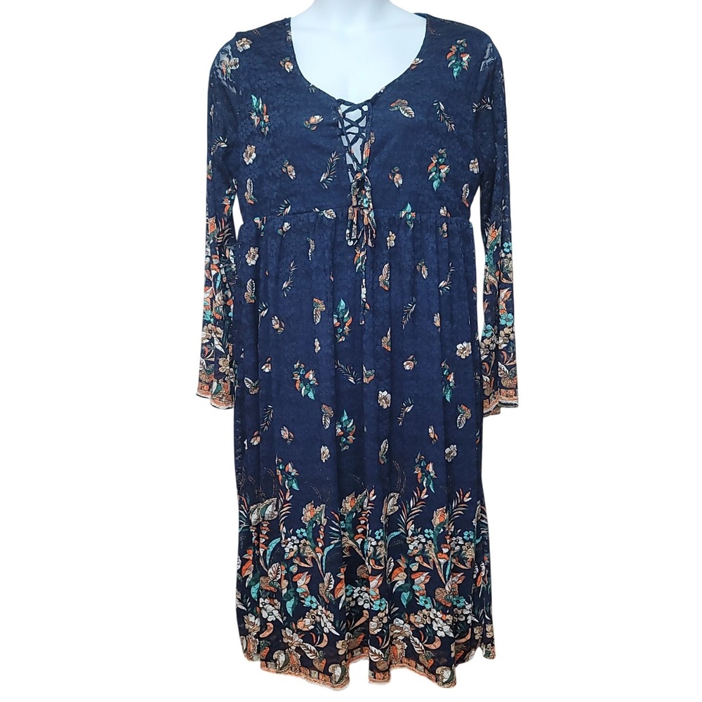 Suzanne Betro Women Navy Floral Lace Overlay‎ Empire Waist Boho Cottage 1X Dress